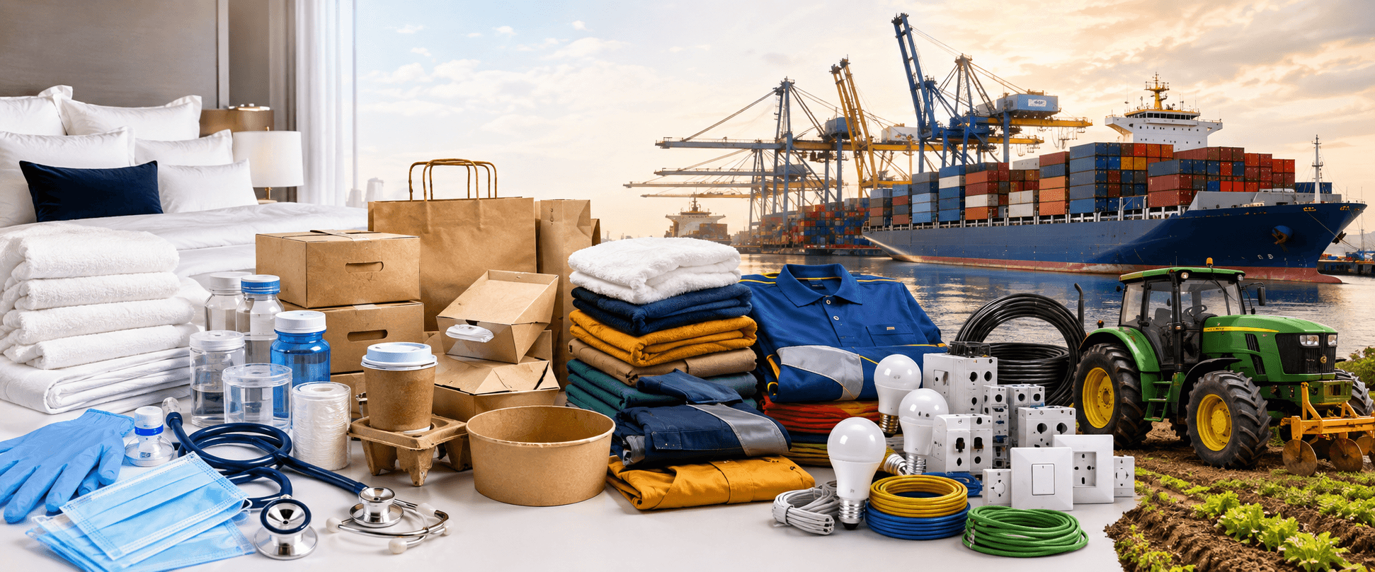 Hospitality, healthcare, packaging, textiles, electrical, agricultural and shipping products sourced through AfriSource Global